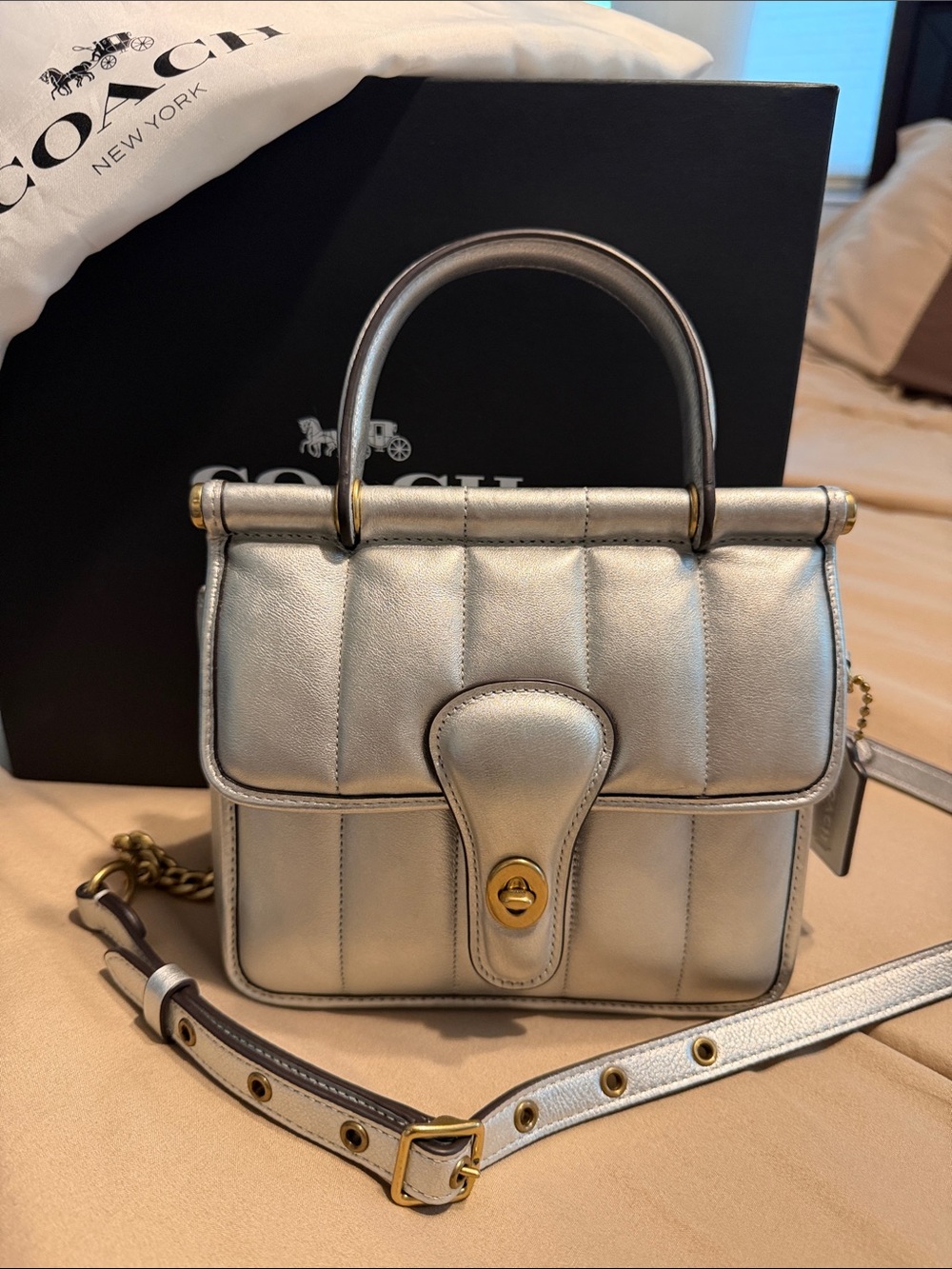 Coach Willis Top Handle 18 Metallic Silver Quilted Leather  Satchel